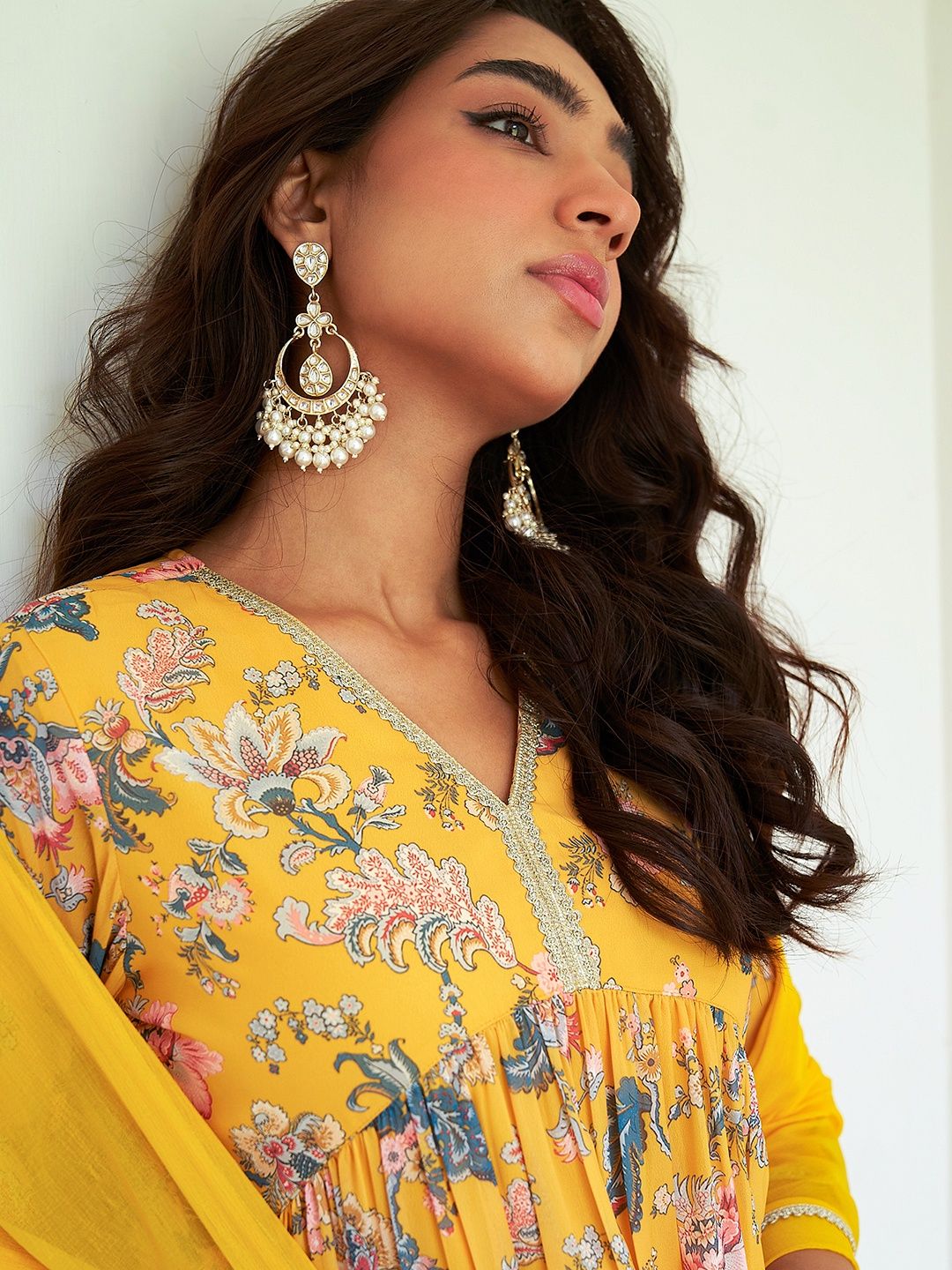 Janasya Women's Yellow Georgette Digital Floral Printed Kurta with Sharara and Dupatta | S