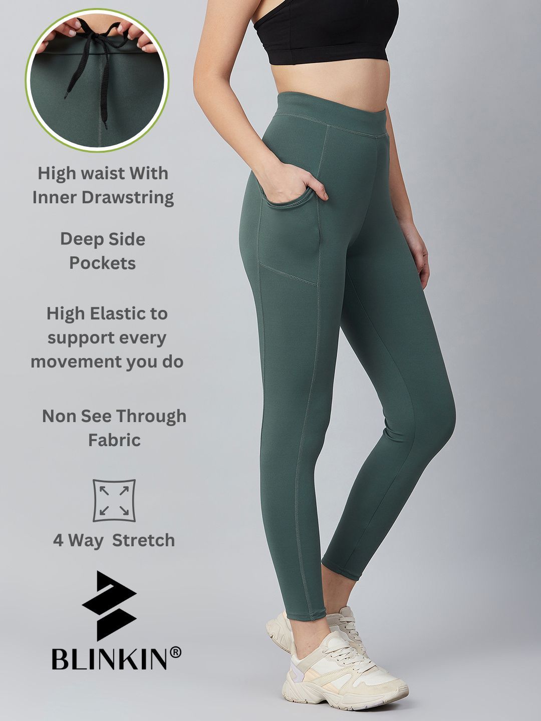 Blinkin Women's Gym Pants & Tights - Dark Green | Workout | With Side Pockets | L