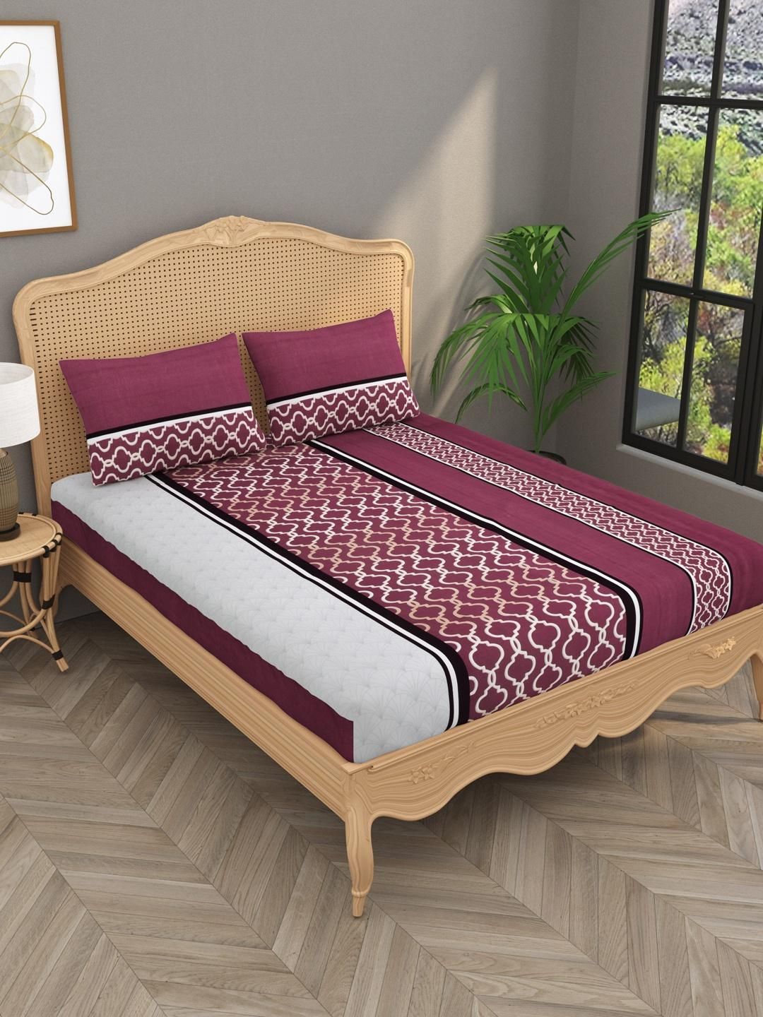 House Of Gulab 100% Cotton Double Bedsheet Abstract - Maroon