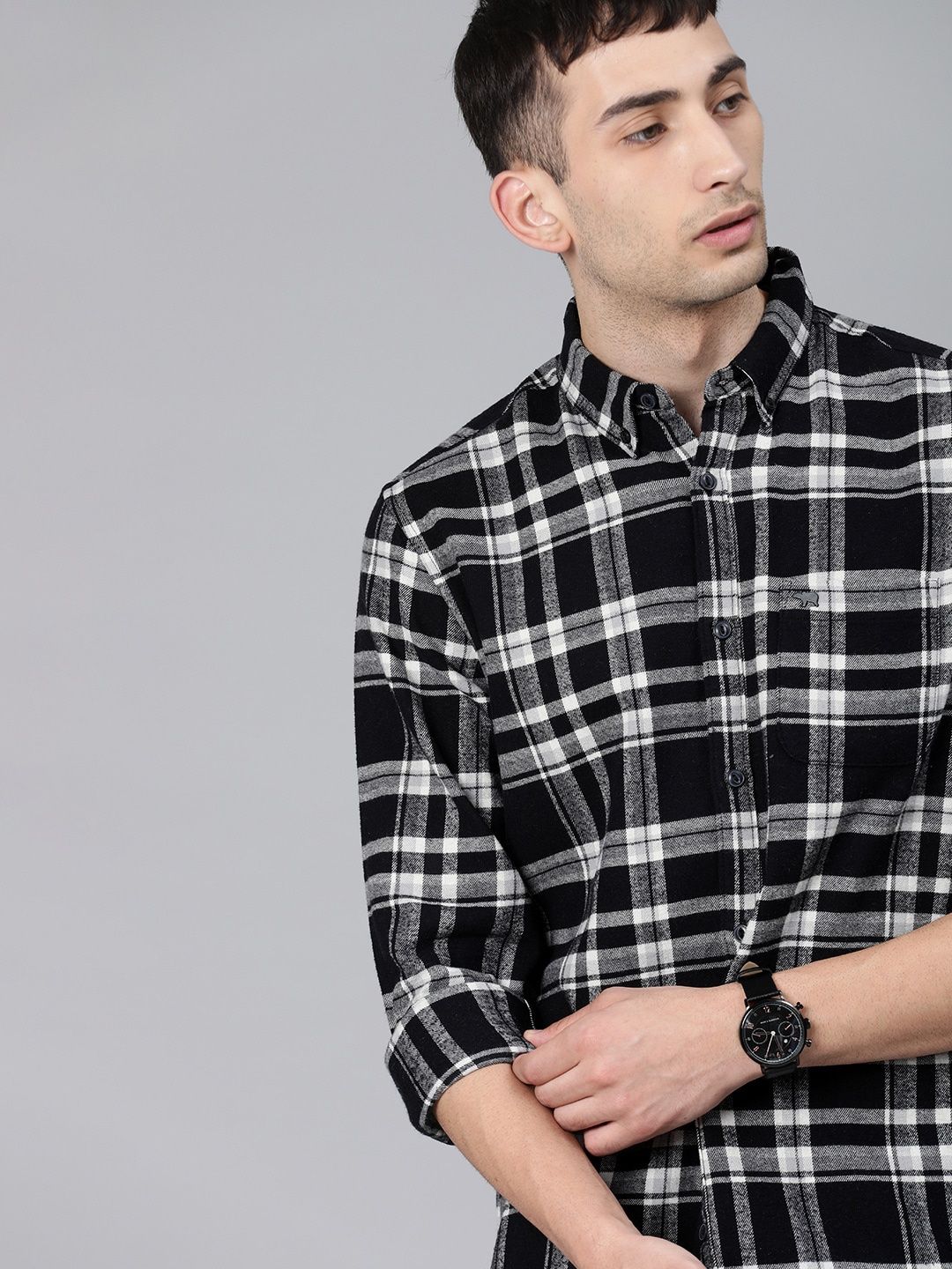 The Bear House Men Slim Fit Flannel Button-Down Casual Shirt - Tally | Black | S