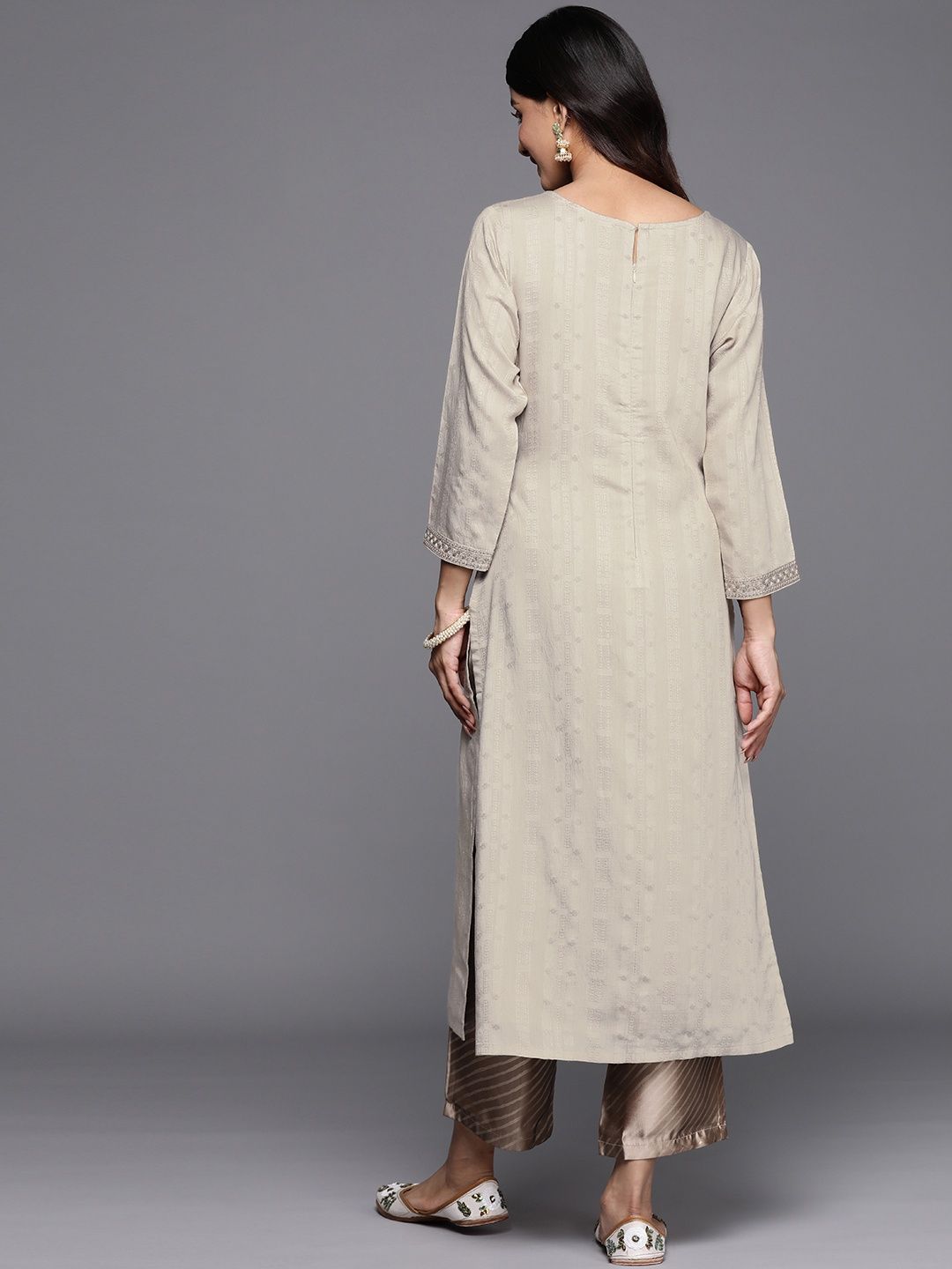 Libas Women Taupe Viscose (Dobby) Self Design With Zari Work Straight Kurta - 28069XL