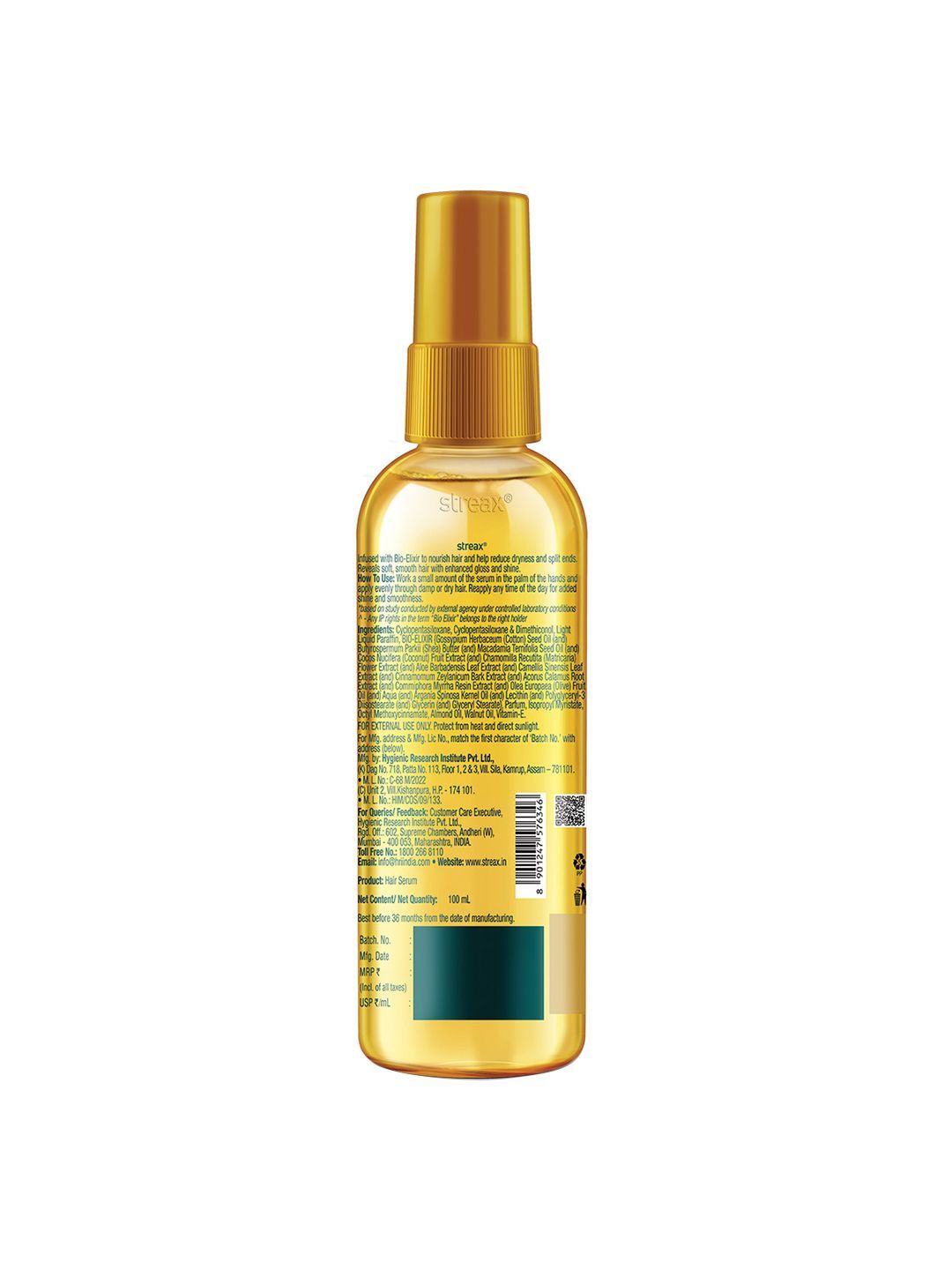 Streax Anti Split Hair Serum With Bio Elixir Controls In Split Ends 60% Reduction In Dryness