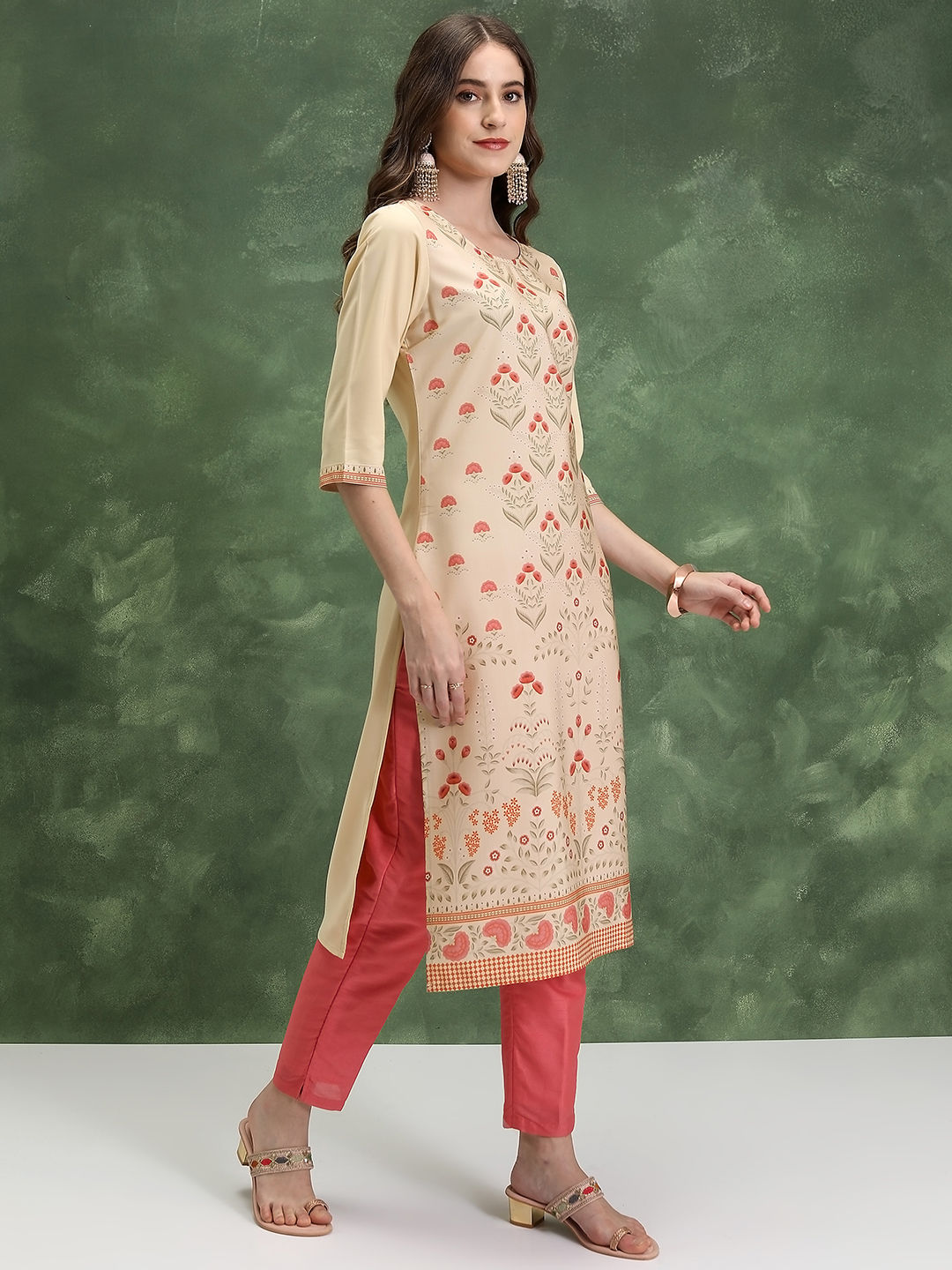 KETCH Women's Printed Straight Kurta | Cream - M
