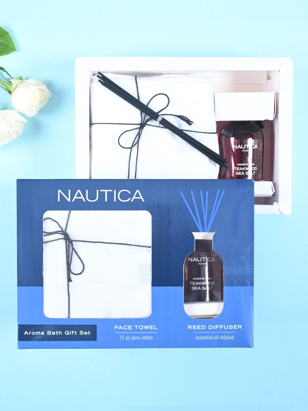 Nautica Cotton Towels and Reed Diffuser Reed Diffuser Teak Wood| Rakhi Gift for Brother & Sister