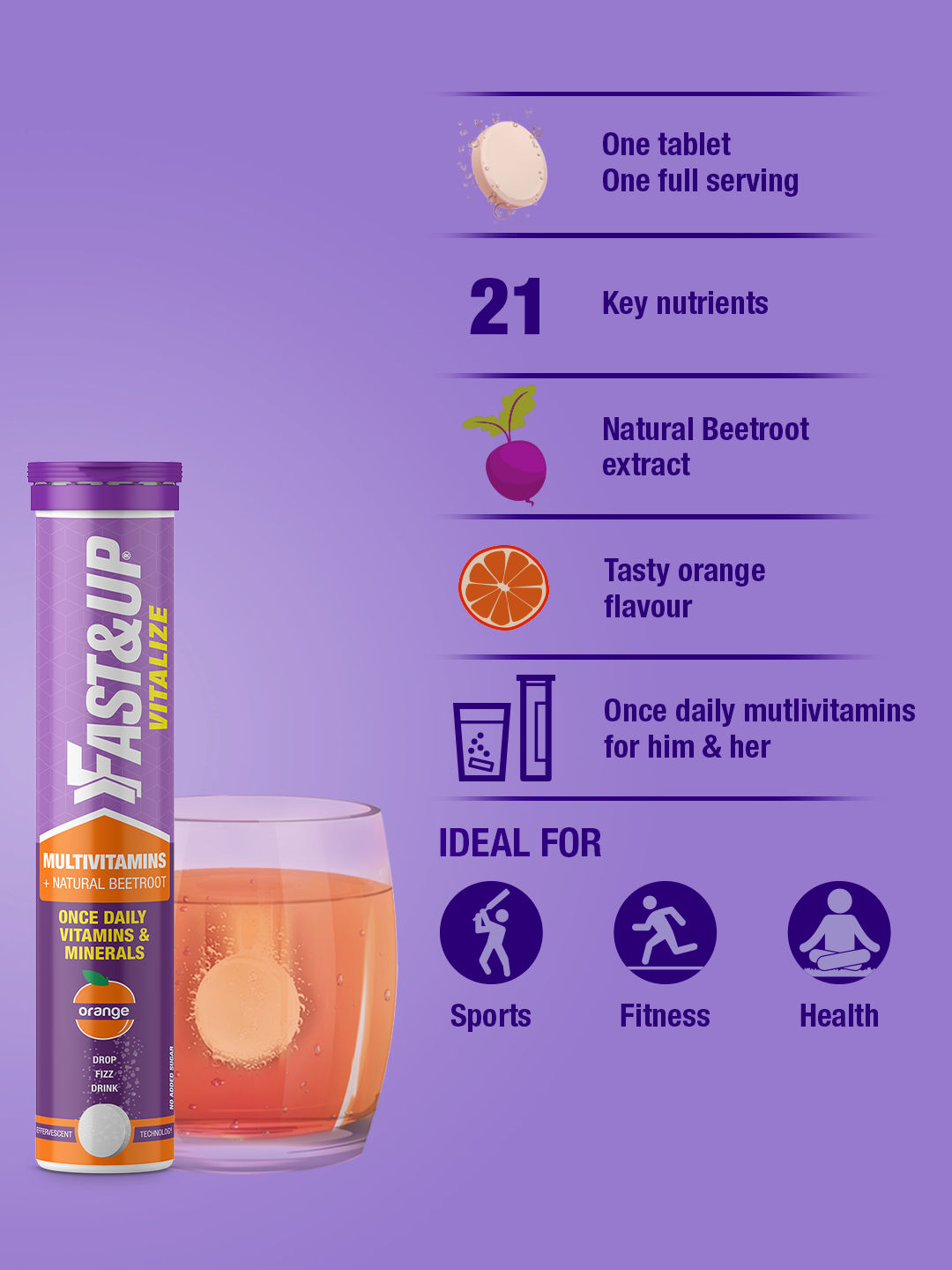 Fast&Up Vitalize - Daily 21 Multivitamins + Minerals + Beetroot - Peach - 20 Days Servings 