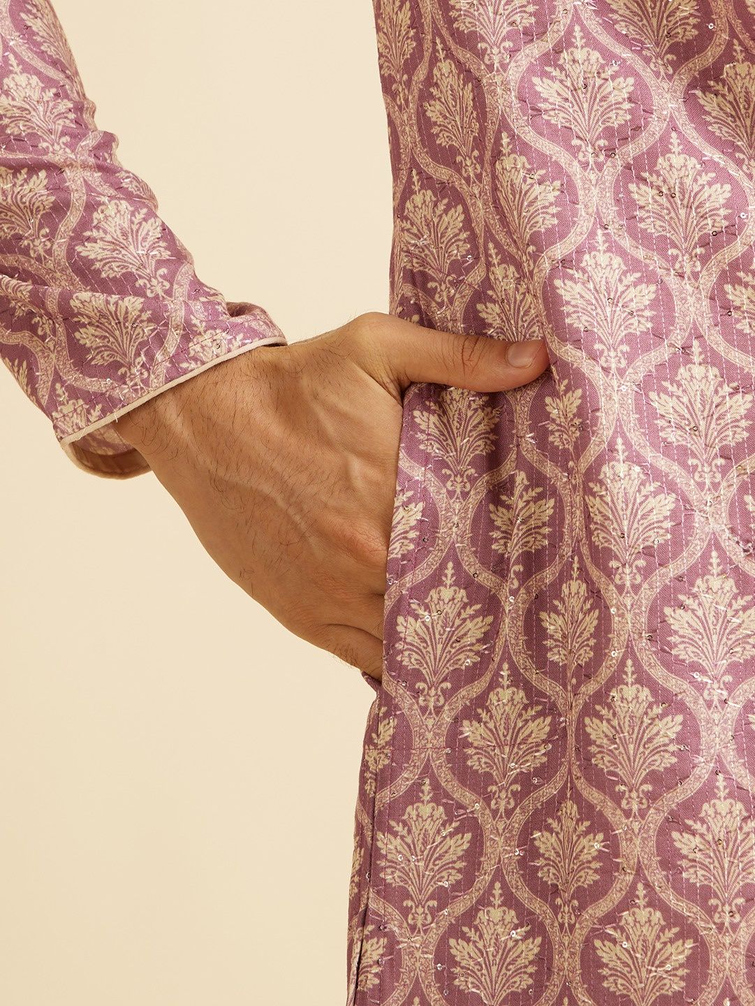 Manyavar Pink Blended Cotton Printed Kurta Set | S
