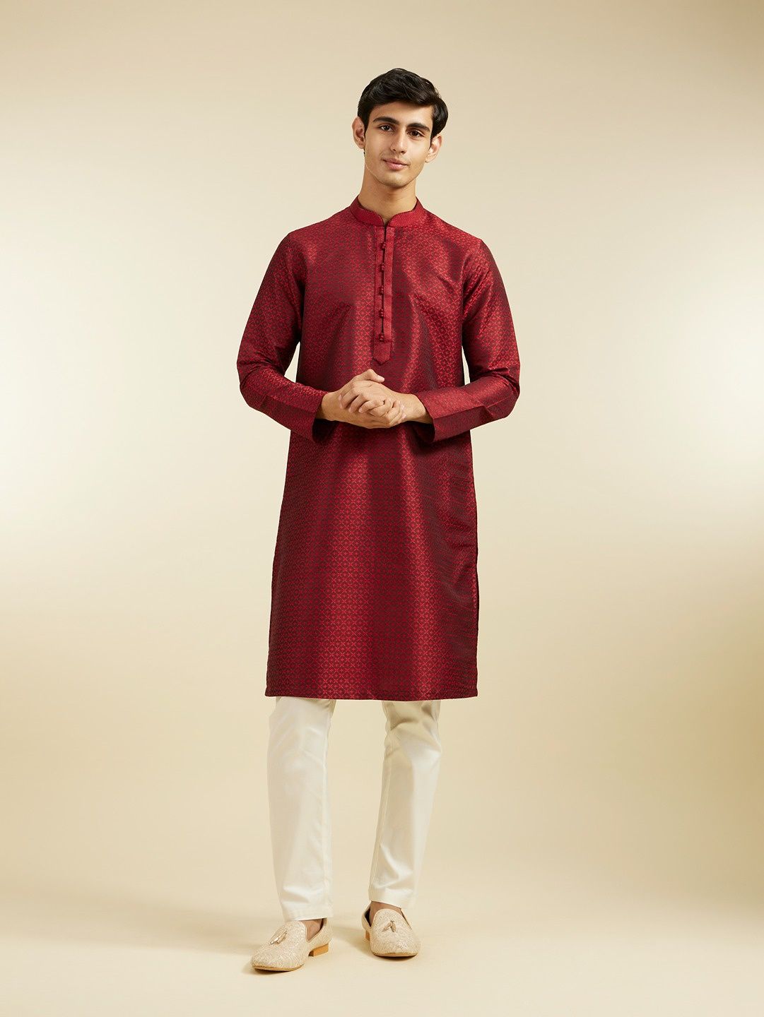 Diwas By Manyavar Maroon Art Silk Self Design Kurta Set | L