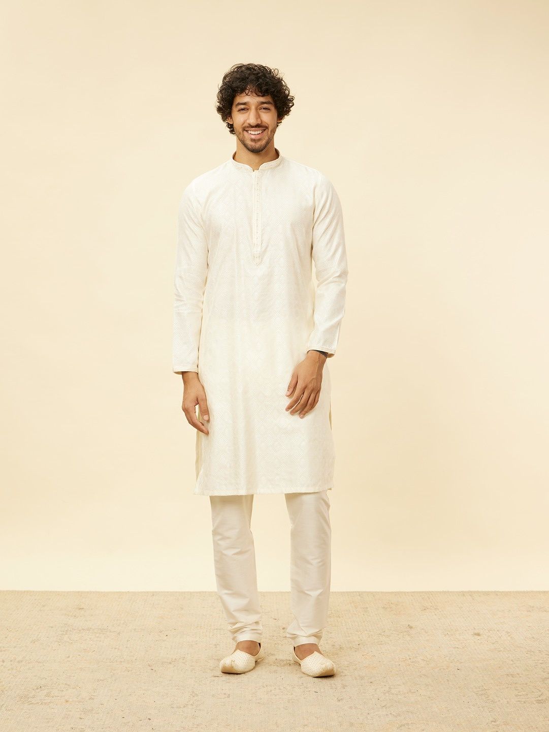 Manyavar Cream Blended Viscose Self Design Kurta Set | S