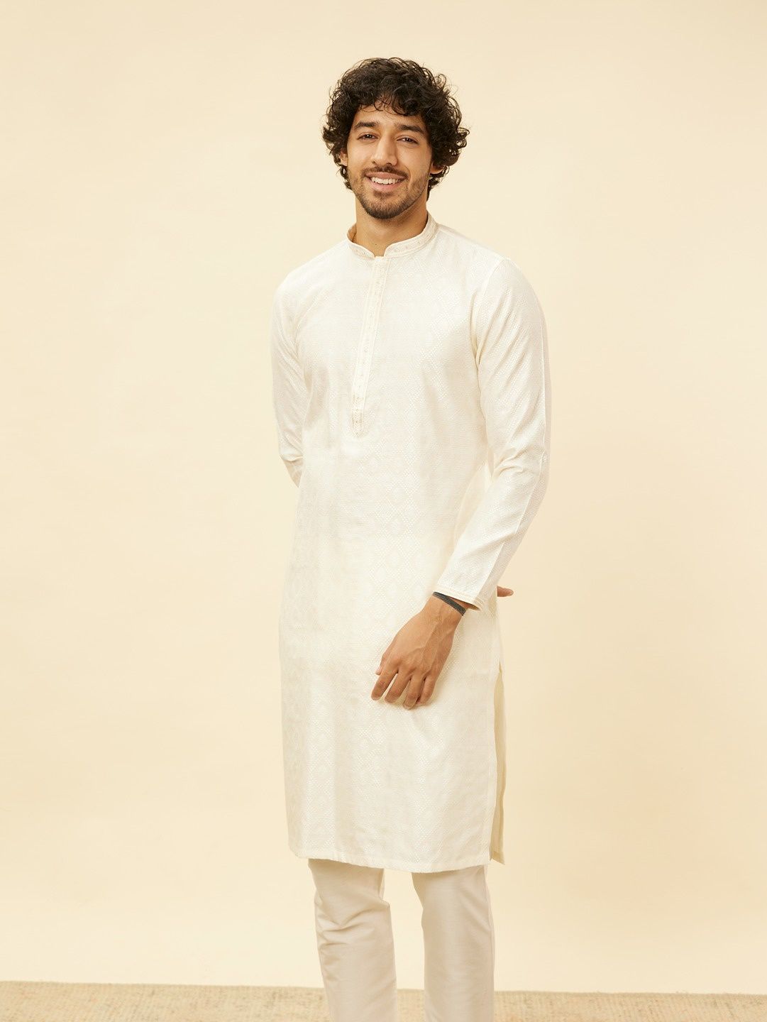 Manyavar Cream Blended Viscose Self Design Kurta Set | S