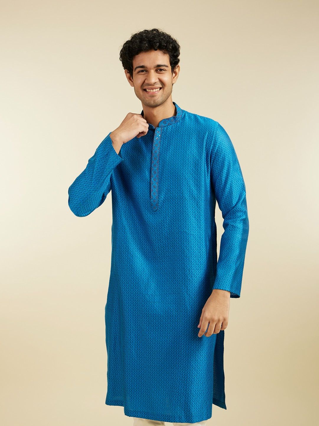 Diwas By Manyavar Blue Blended Viscose Self Design Kurta Set | S