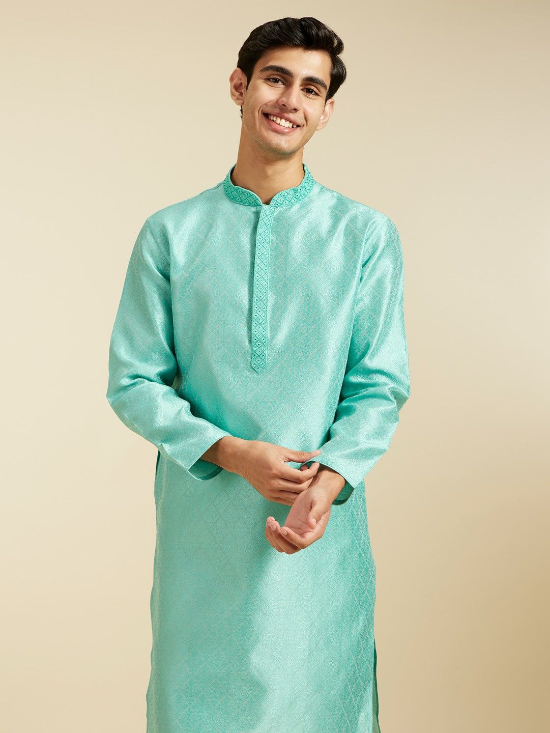 Diwas By Manyavar Green Art Silk Thread Work Self Design Kurta Set | L