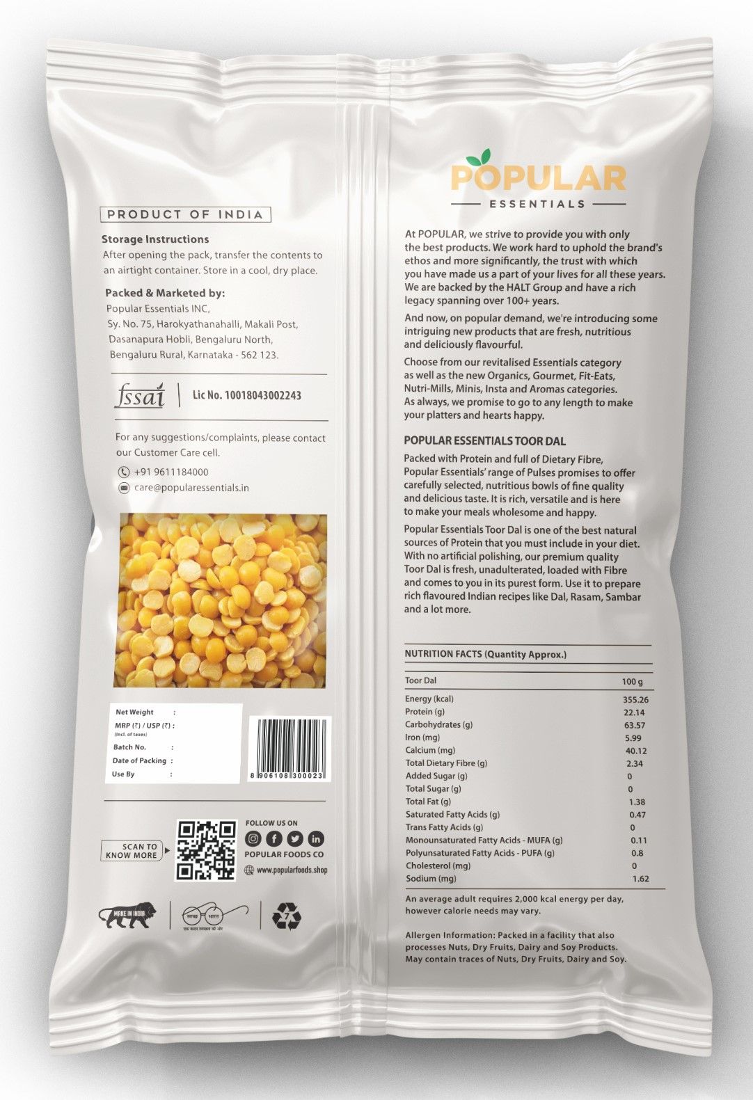 Popular Essentials Toor Dal | Un-Polished 1 kg Combo