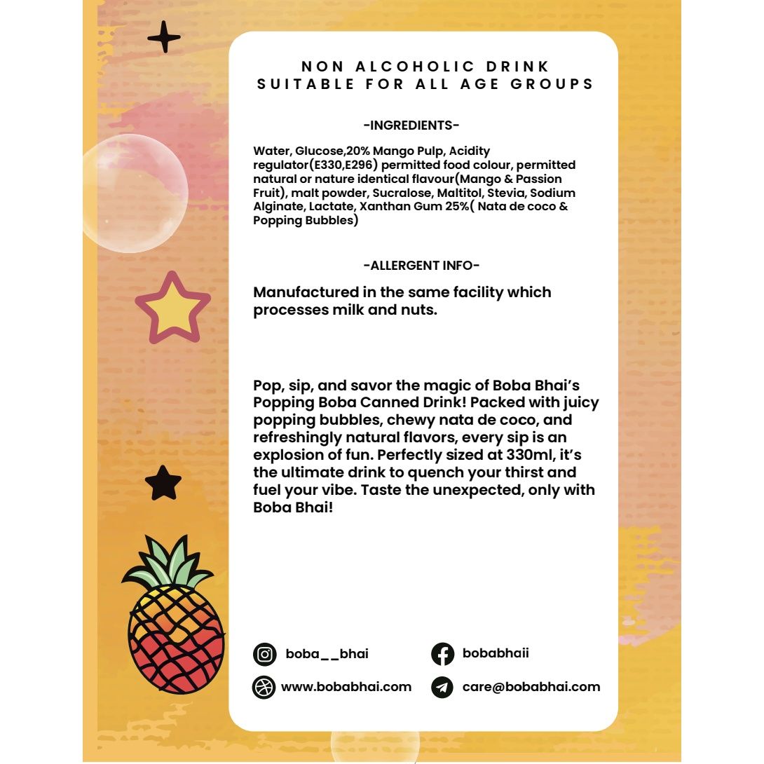Boba Bhai Sunburst Mango Passion Fruit Bubble Tea | Passion Fruit Popping Boba 330 ml X 2 Combo