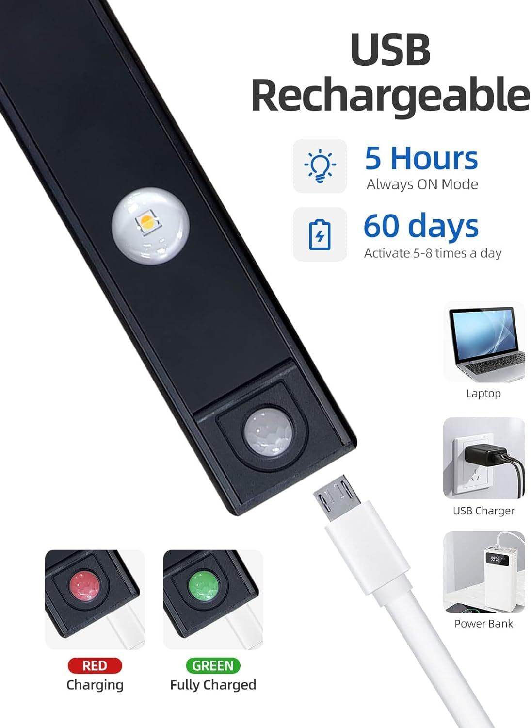 Desidiya Under The Cabinet Lights 40 Cm|Usb Rechargeable, Magnetic, Wireless- Aluminium, Led, White