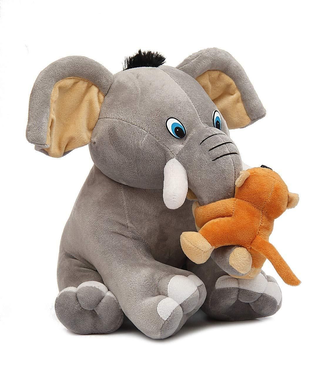 Dearjoy Baby Elephant With Monkey Soft Toy Grey - Height 35Cm
