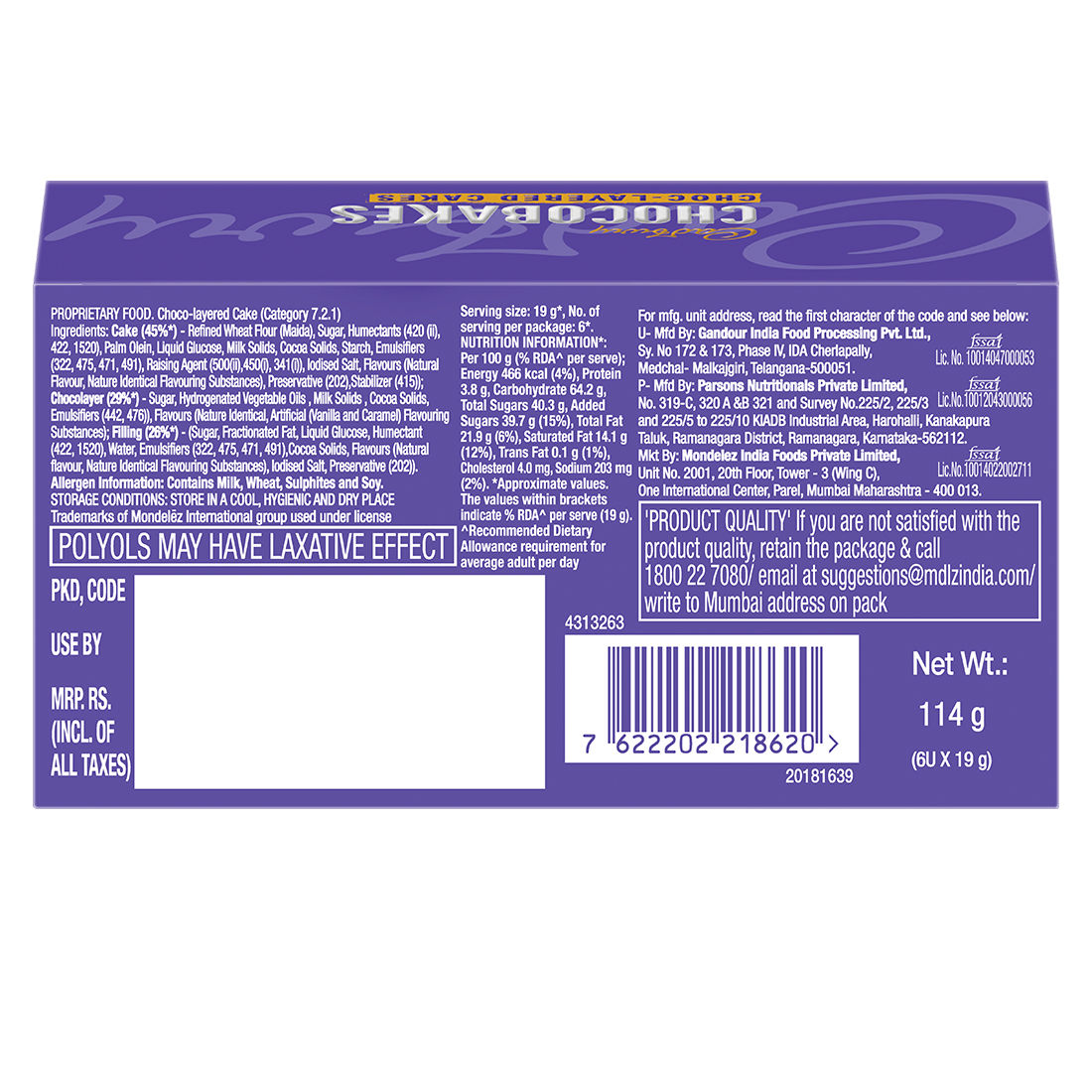 Cadbury Chocobakes ChocLayered Cakes 114 g Combo