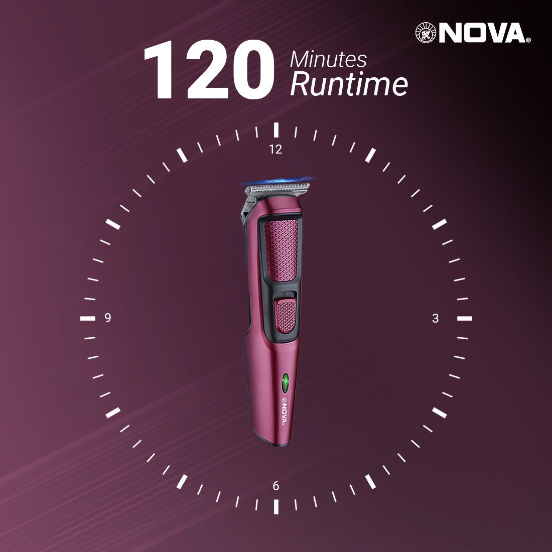Nova Nht 1134 Trimmer | 120 min Runtime | 4 Length Settings - Black and Maroon