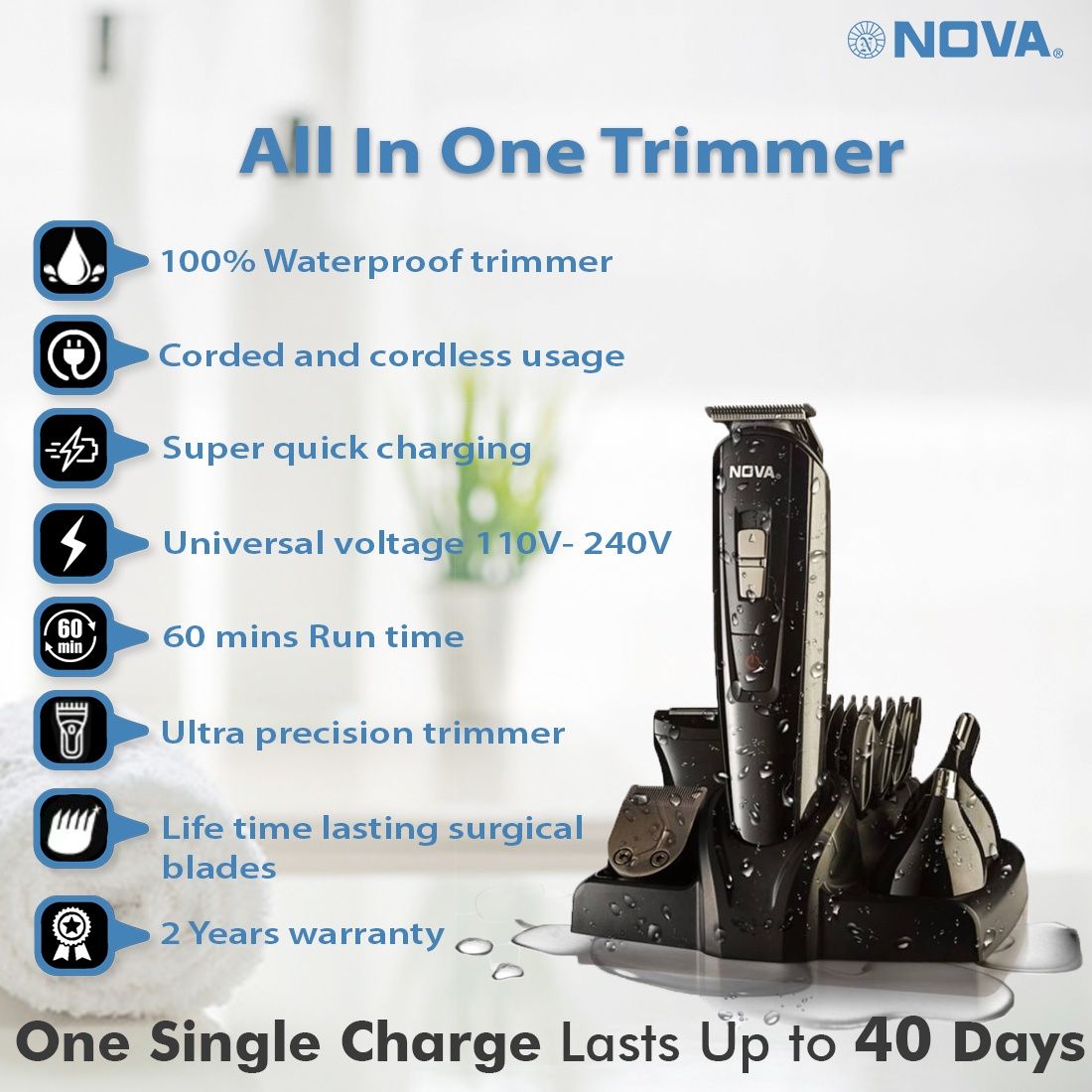 Nova Ng 1151 100%Waterproof Fully Waterproof Trimmer 60 Min Runtime 18 Length Settings(Black)