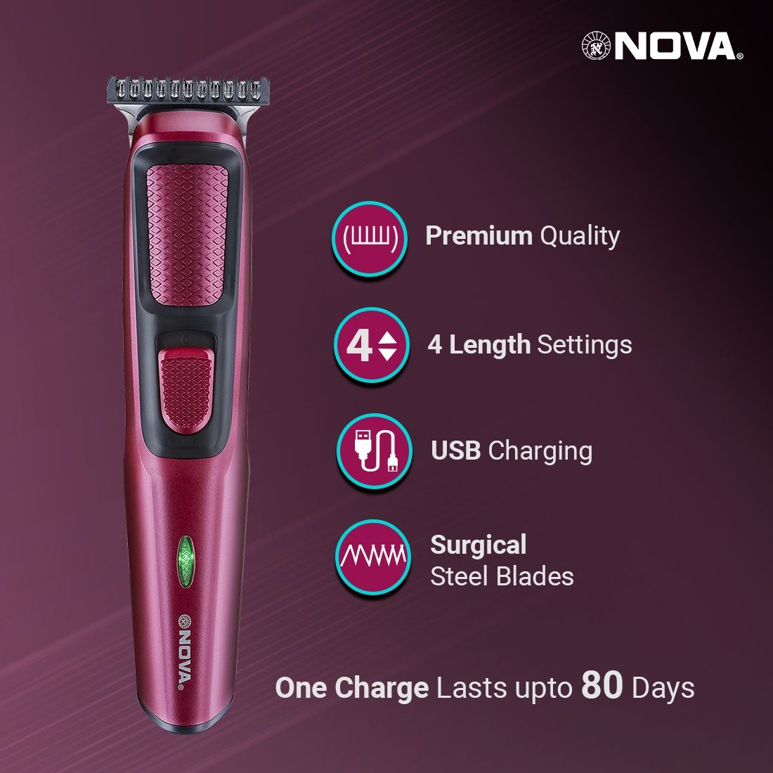 Nova Nht 1134 Trimmer | 120 min Runtime | 4 Length Settings - Black and Maroon