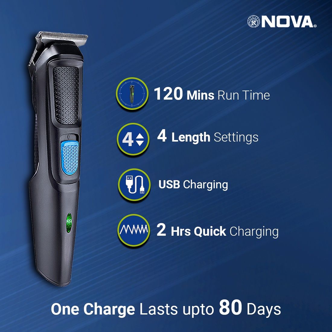 Nova Nht 1136 Trimmer | 120 min Runtime | 4 Length Settings - Black