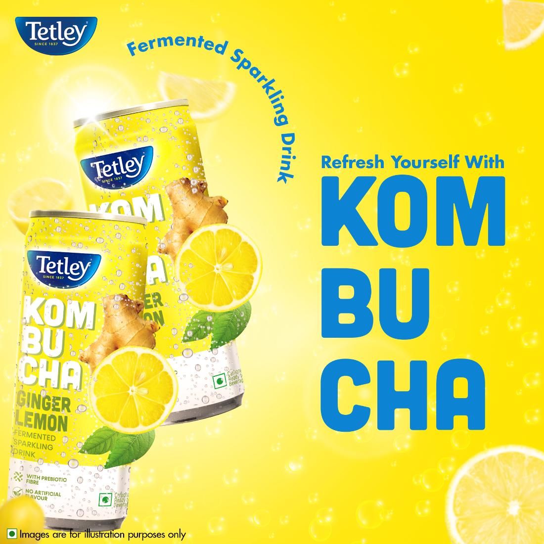 Tetley Ginger Lemon, Fermented Sparkling Drink with Prebiotic Fiber Kombucha