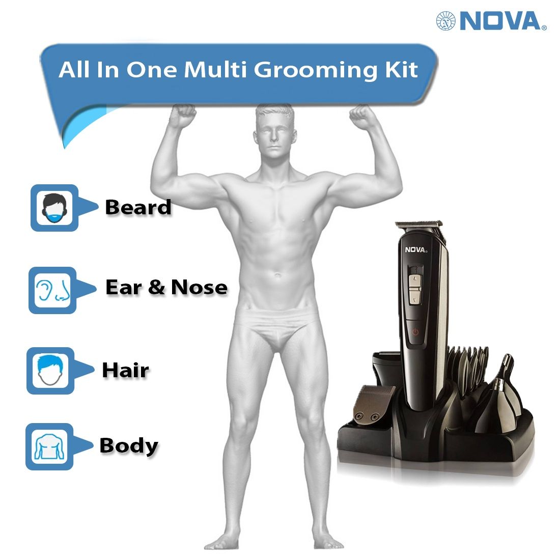 Nova Ng 1151 100%Waterproof Fully Waterproof Trimmer 60 Min Runtime 18 Length Settings(Black)