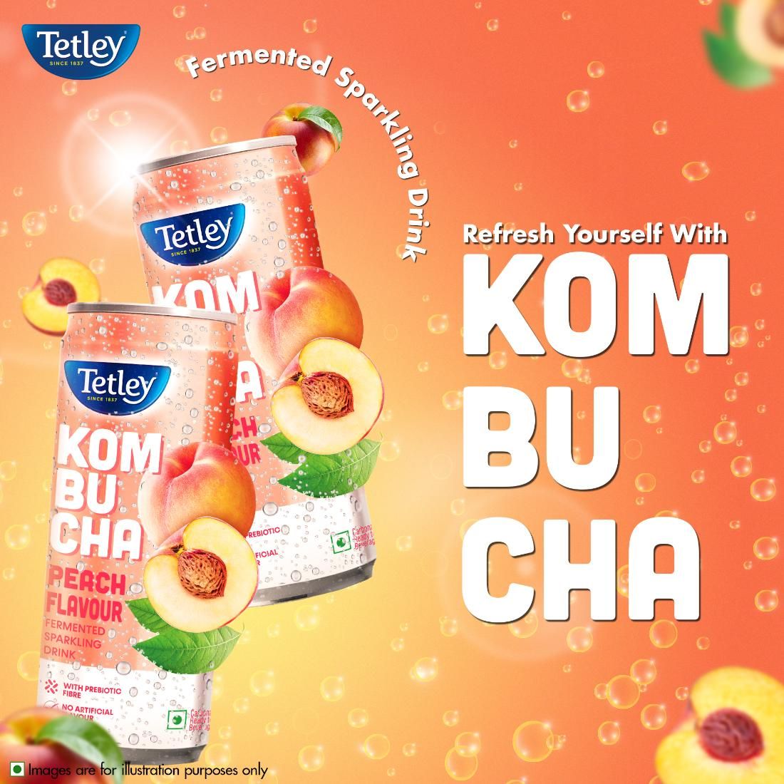 Tetley Kombucha Peach Fermented Water Drink With Prebiotic Fibre & No Artificial Flavour 250 ml  X 2 Combo