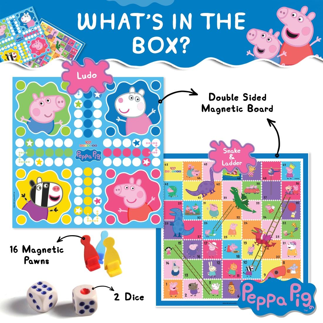 Wembley Peppa Pig Magnetic Ludo Board Game for Kids 2 in 1 Snake and Ladder Indoor Games