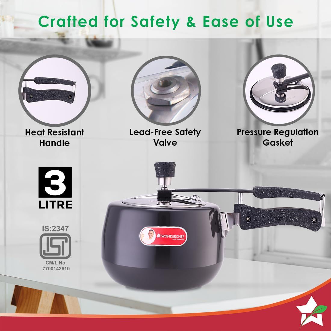 Wonderchef Taurus Hard Inner Lid Anodized Pressure Cooker ,3 Litre