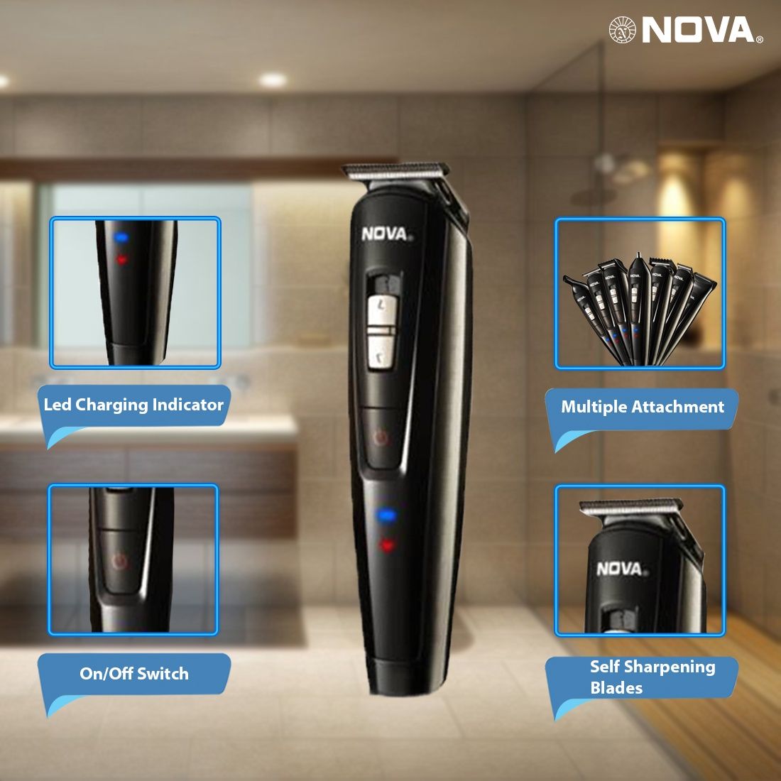 Nova Ng 1151 100%Waterproof Fully Waterproof Trimmer 60 Min Runtime 18 Length Settings(Black)