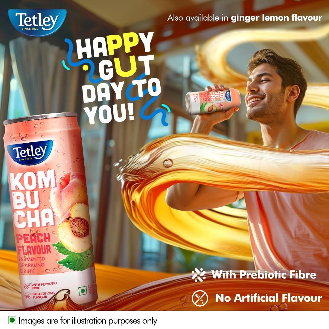 Tetley Kombucha Peach Fermented Water Drink With Prebiotic Fibre & No Artificial Flavour 250 ml  X 2 Combo