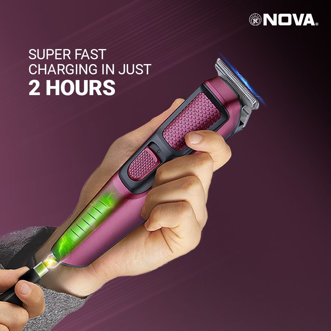 Nova Nht 1134 Trimmer | 120 min Runtime | 4 Length Settings - Black and Maroon