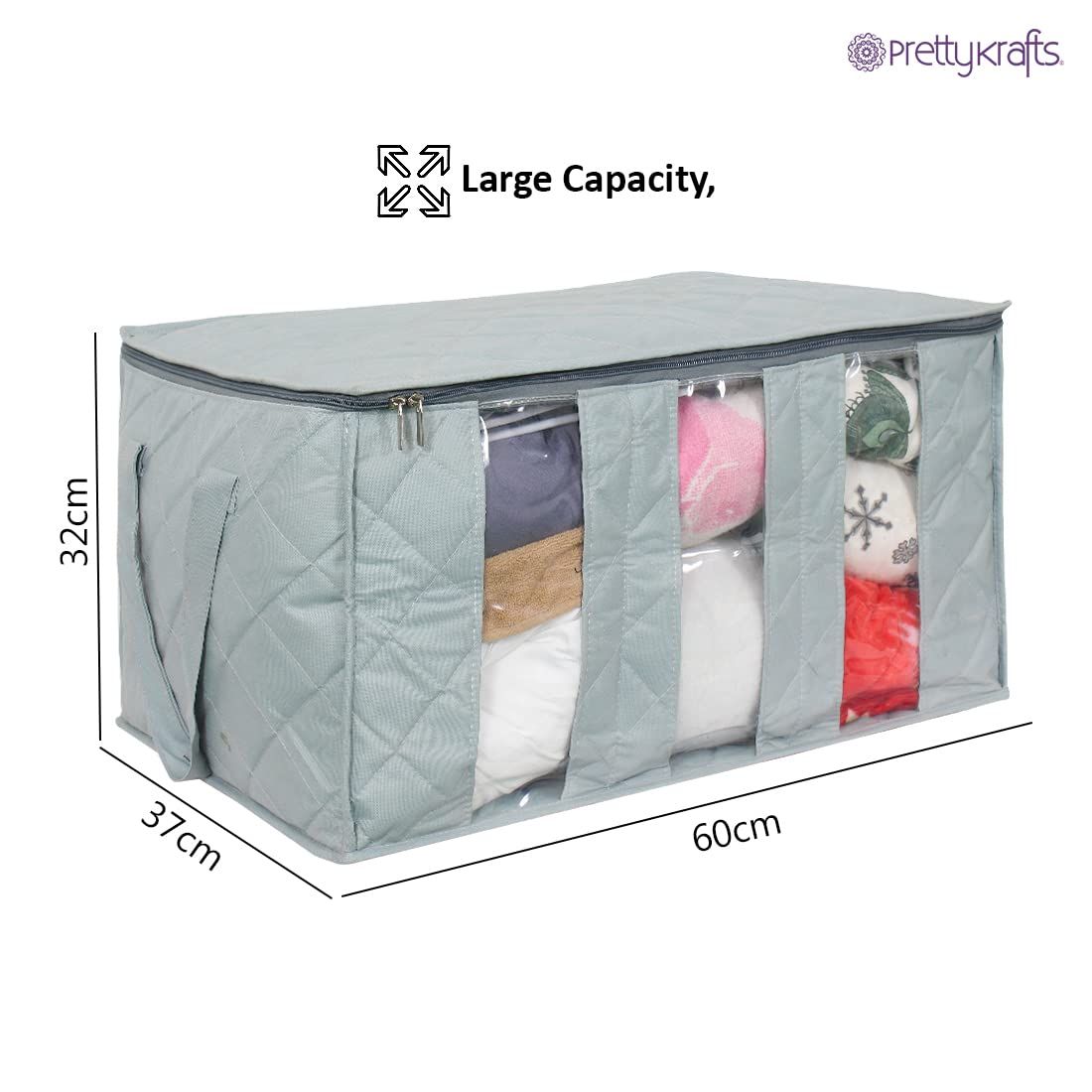 Prettykrafts Underbed Fabric Storage Box With 3 Partitions | Grey | Rectangular | Pack of 2