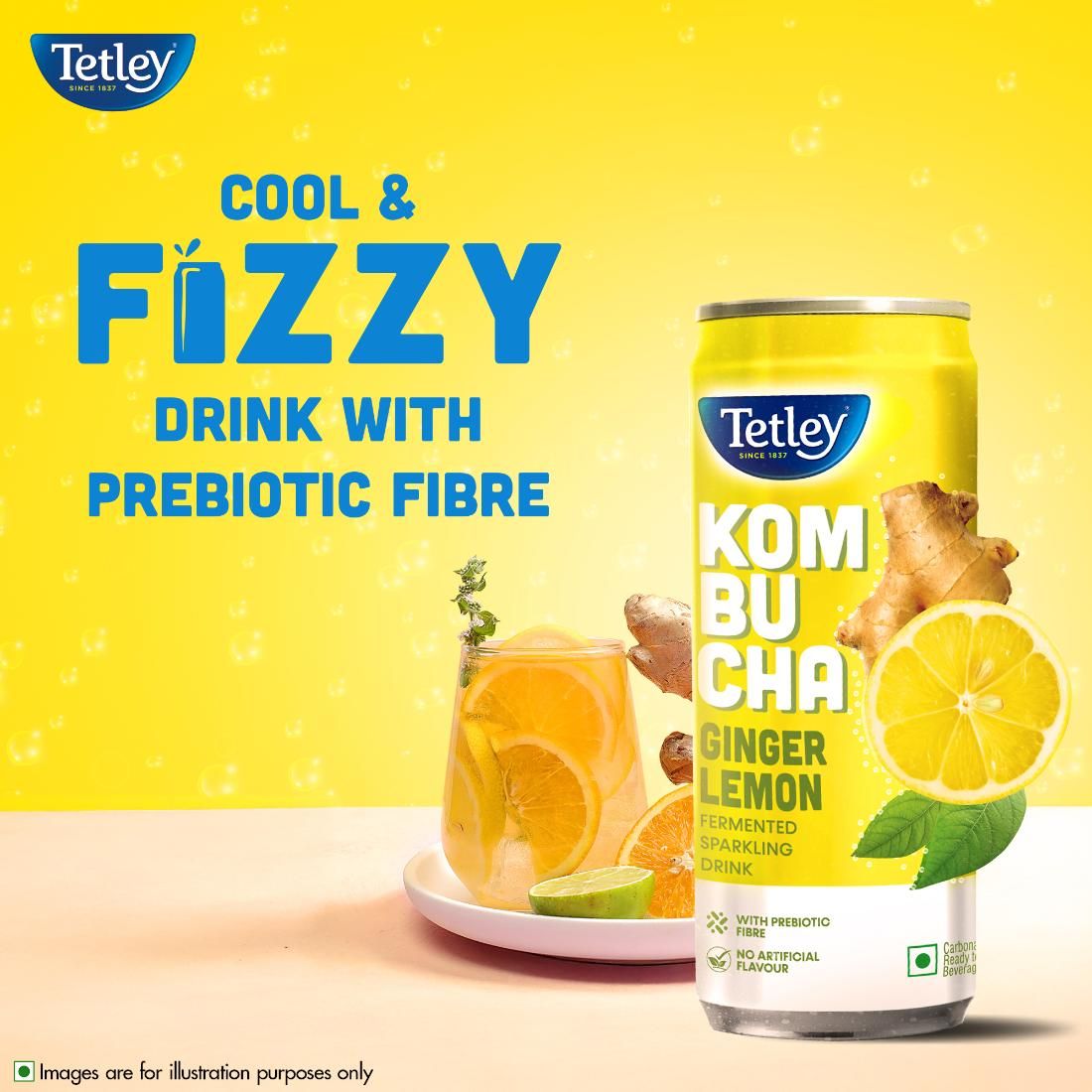Tetley Ginger Lemon, Fermented Sparkling Drink with Prebiotic Fiber Kombucha
