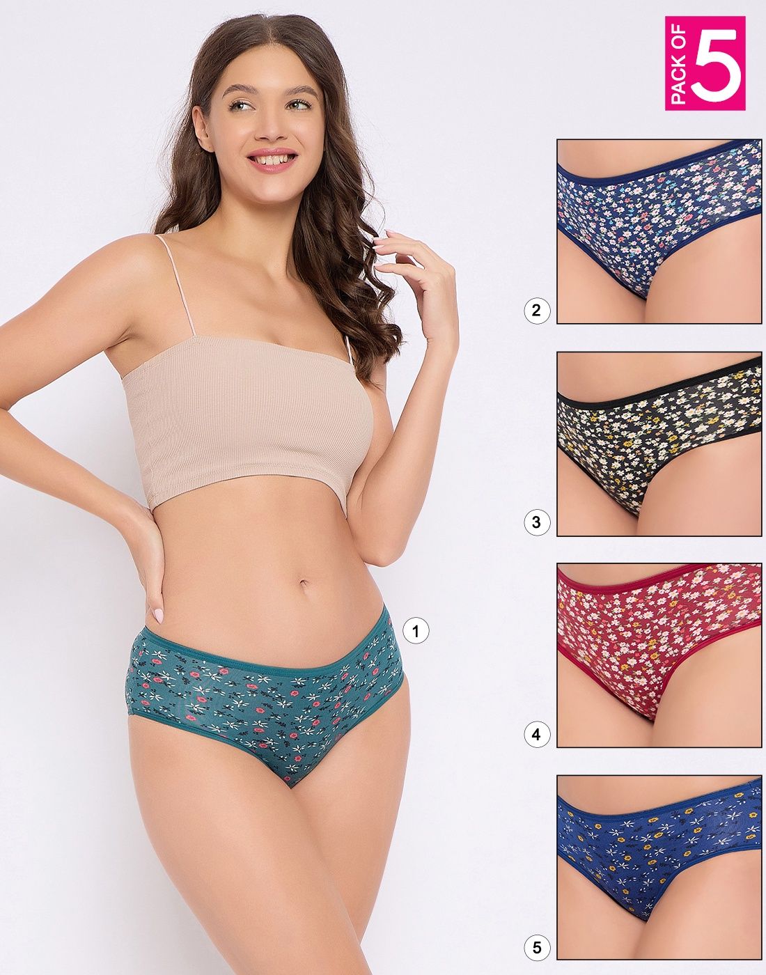 Clovia Polyamide Pack Of 5 Medium Waist Inner Elastic Hipster Panty (Navy Blue , Red , Black - M)