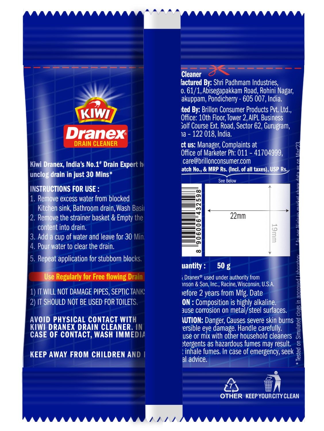 Mr. Muscle Kiwi Dranex Drain Cleaner Powder, Removes Clogs, Blockages In Just 30 Minutes 50 g Combo