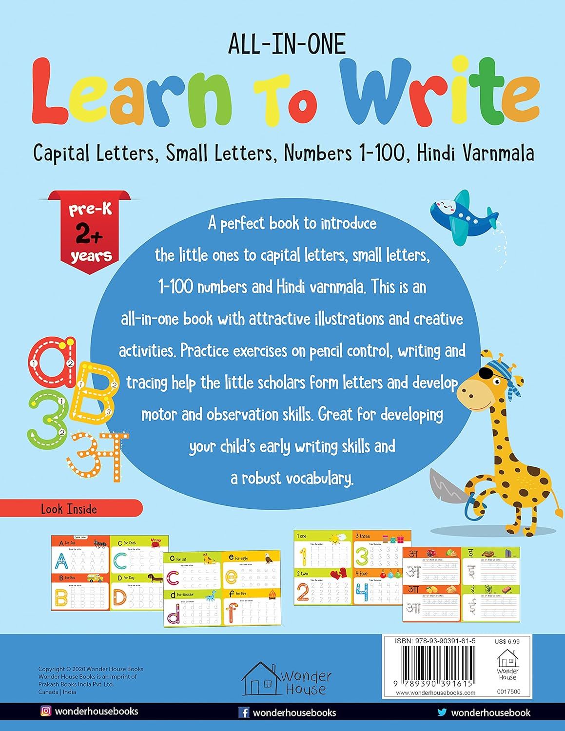 All In One - Learn To Write: Capital Letters, Small Letters, Numbers 1-100, Hindi Varnmala