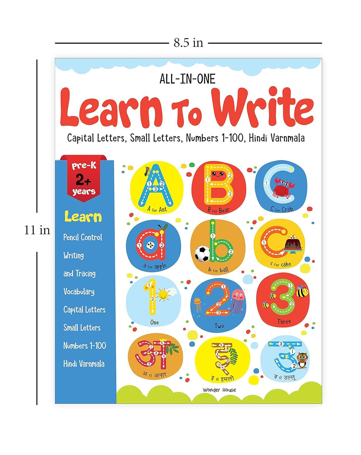 All In One - Learn To Write: Capital Letters, Small Letters, Numbers 1-100, Hindi Varnmala