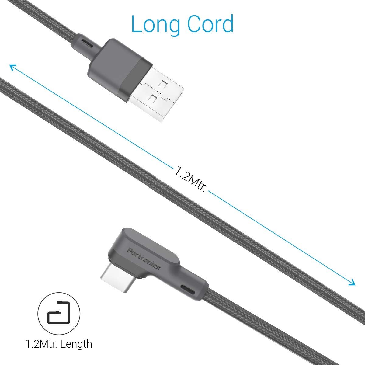 Portronics Konnect L POR 1081 Fast Charging 3A | Type-C Cable | 1.2 m- Grey