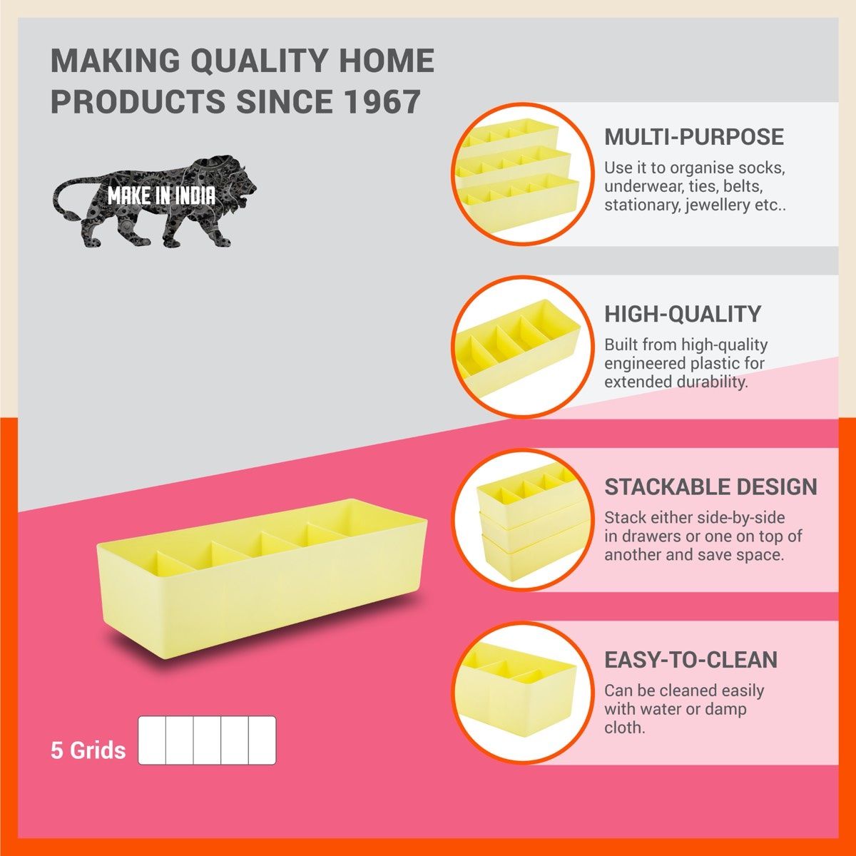 Bathla Set of 3 Drawer Organiser - Multi-purpose, Stackable, 5 Grids - DORI | Lemon