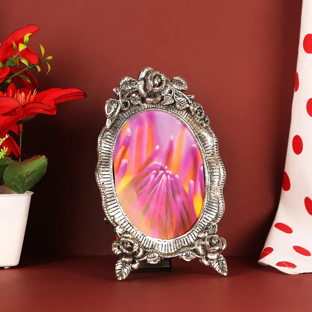 Devnidhii Photo Frame Silver Plated Oval Shape with Legs