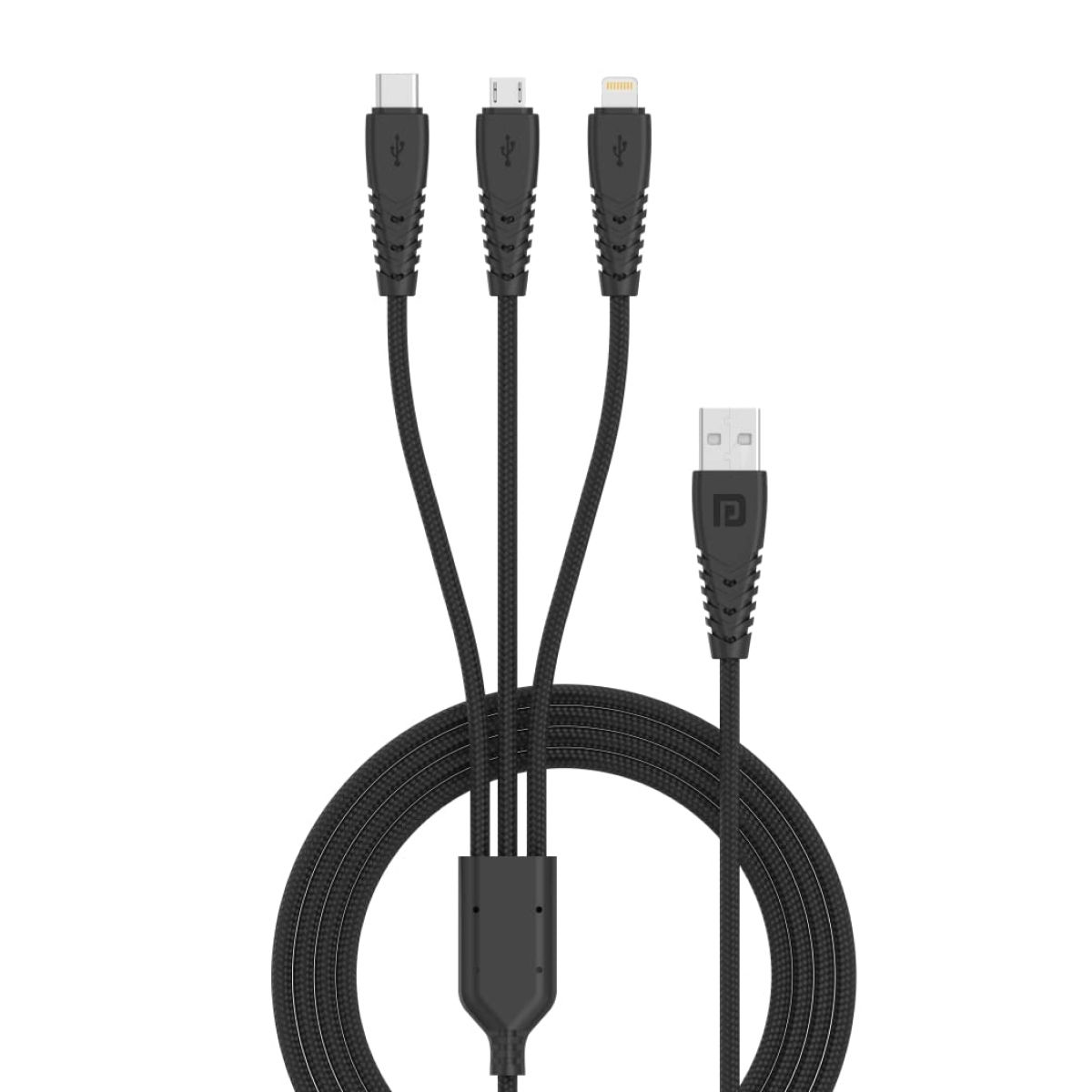 Portronics Konnect A Trio 3-In-1 USB Cable - Black | Braided and High-Speed | Fast Charging
