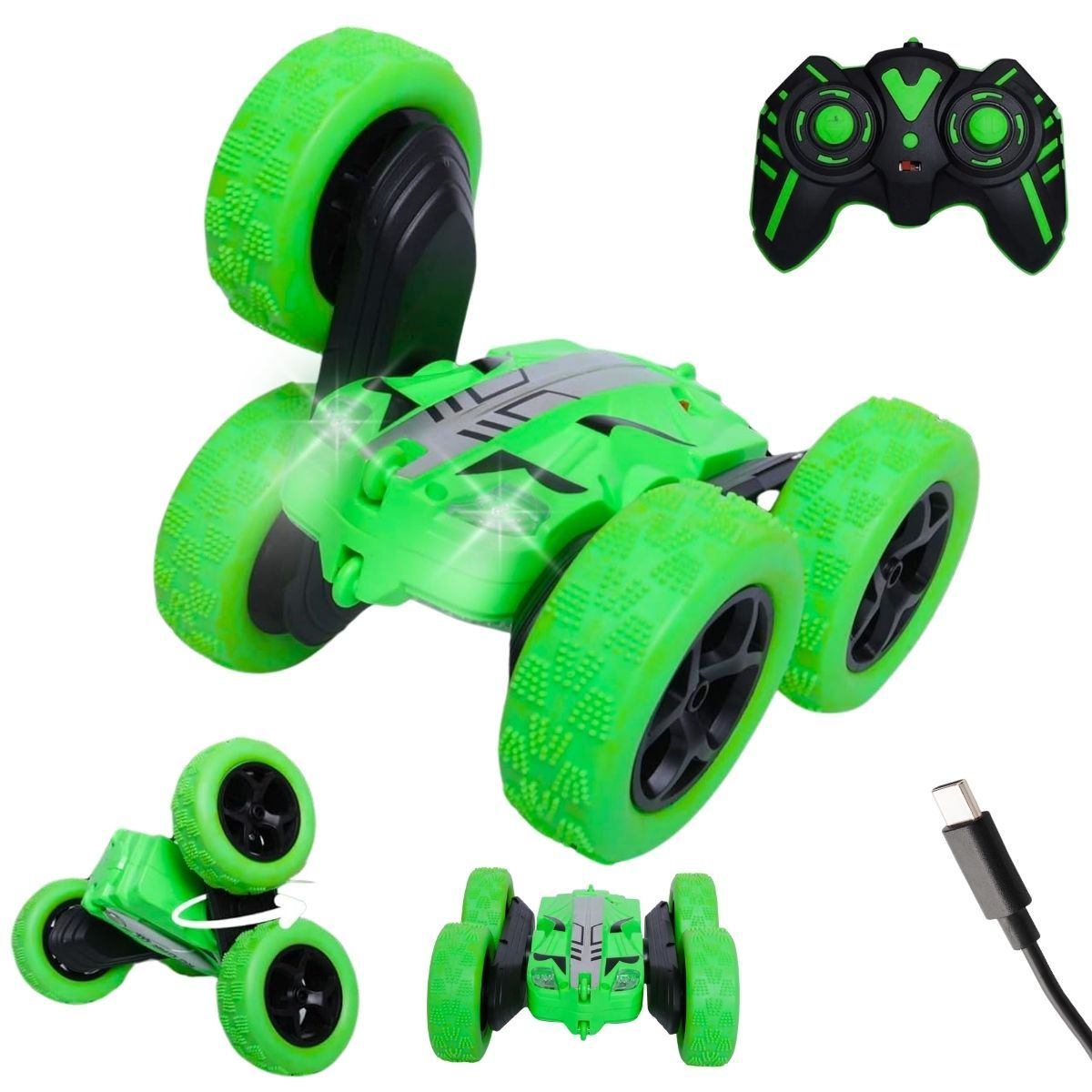Fablue Double Flip Remote Control Stunt Car For Kids - 360 Degree Rotating Car Toy - Green