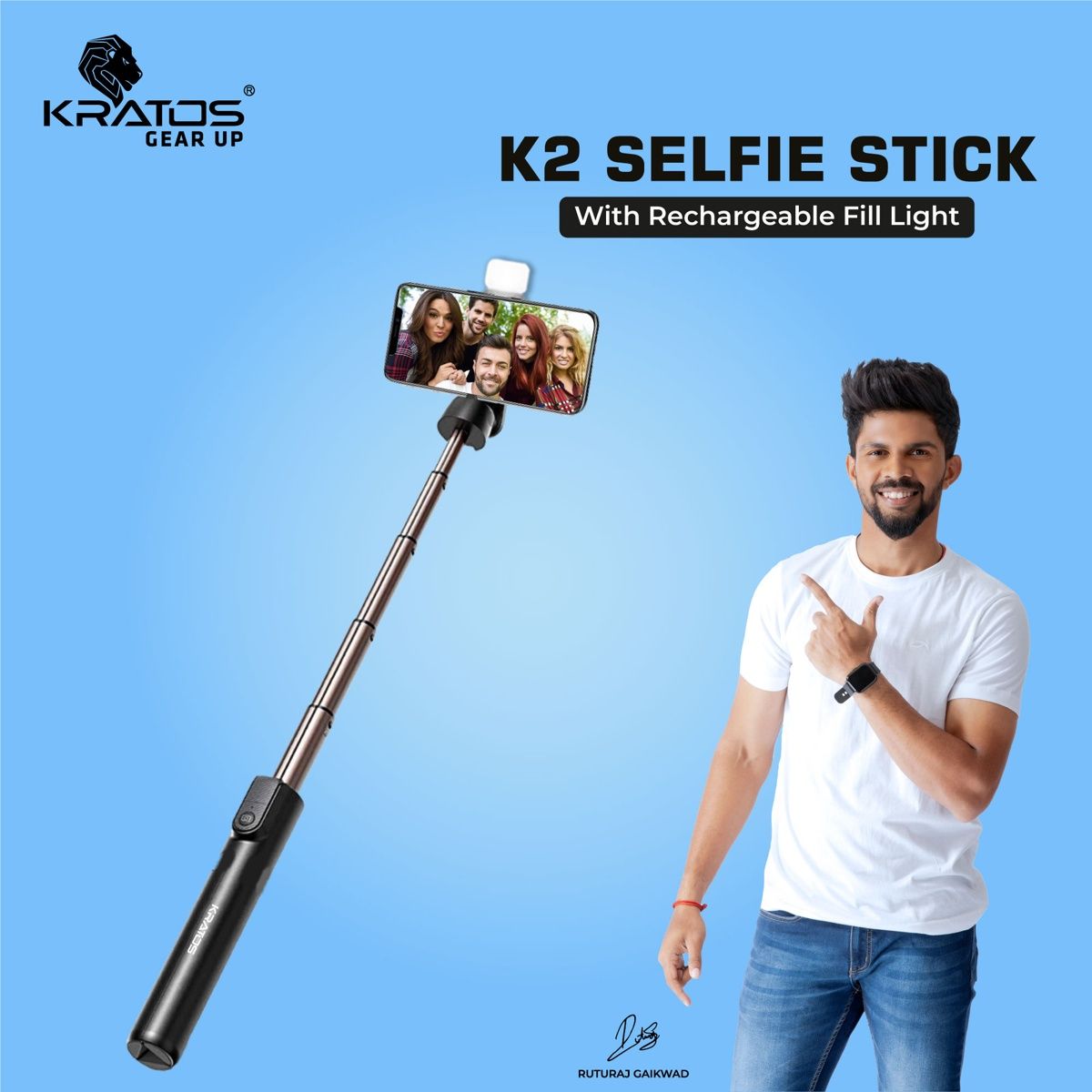 Kratos Multi Purpose Selfie Stick with Tripod Stand| Rechargable LED Light with 2 Brighness Levels (70 cm Length)