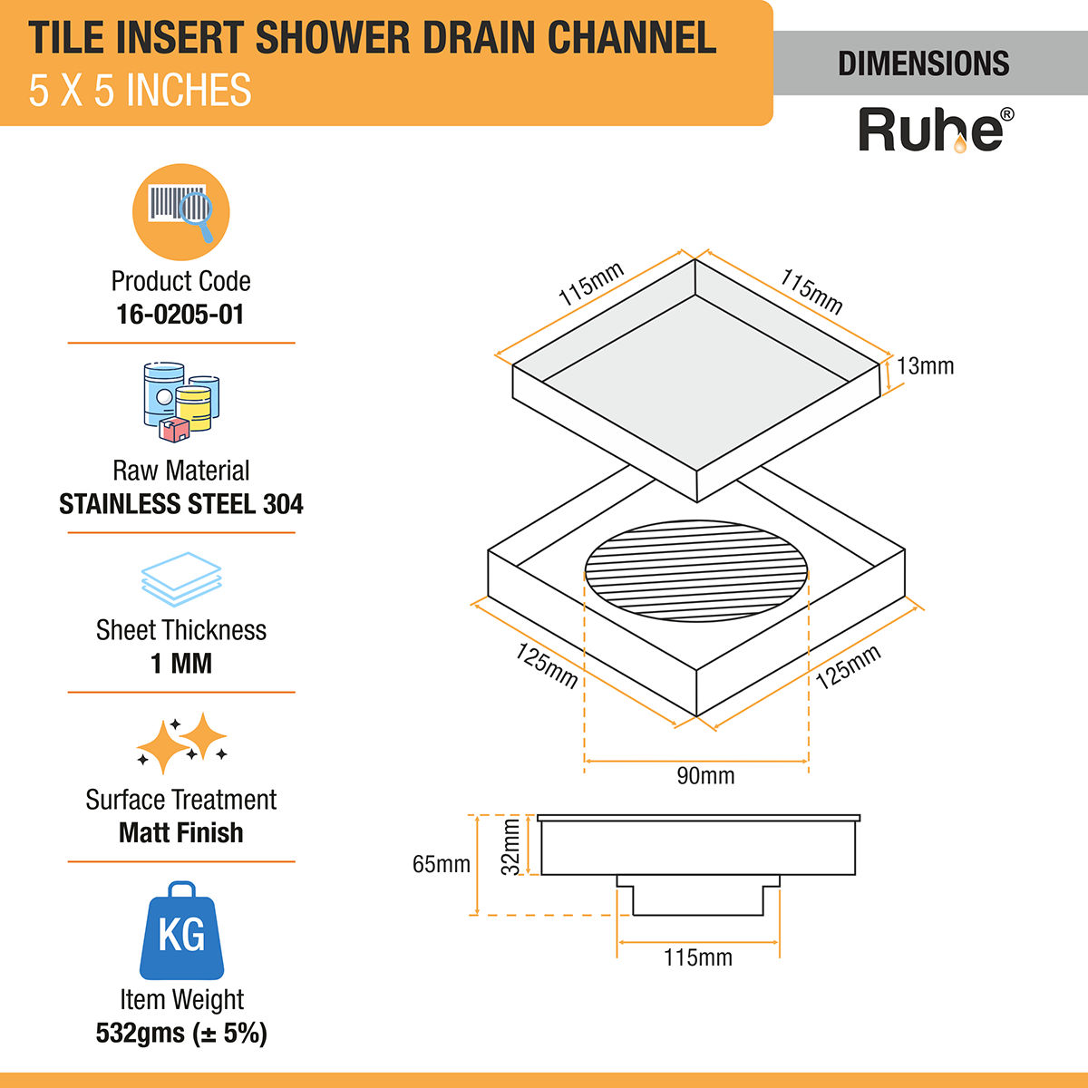 Ruhe Tile Insert Shower Drain Channel (5 x 5 Inches) with Cockroach Trap (304 Grade)