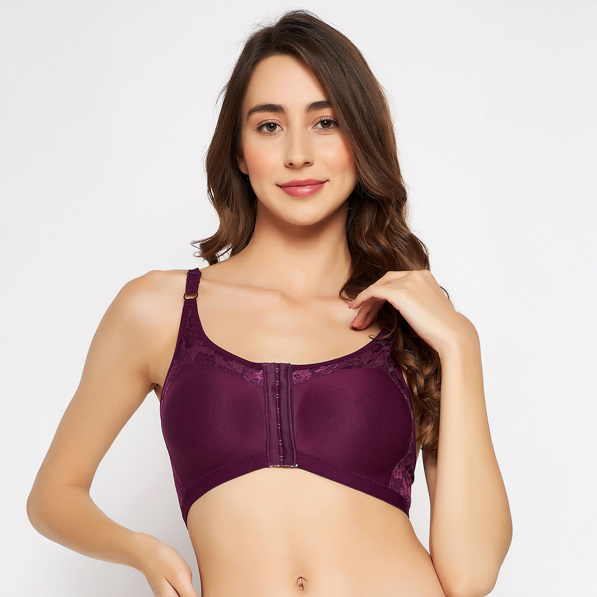 Clovia Women Non-Padded Non-Wired Spacer Cup Front Open Figure Bra - Cotton Rich | Purple | 40B
