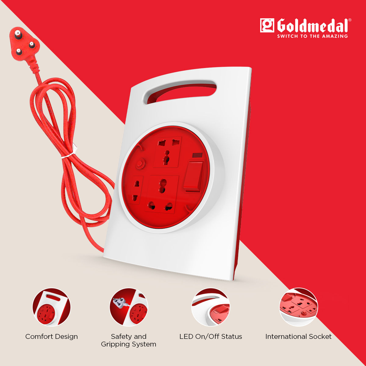 Goldmedal G-Expert 16A 3-Pin Extension Cord (White) - with Power Plug- Master Switch with Indicator, 16A Uni. Socket, 3.5-meter Cable, International Sockets & Tripper for Heavy Appliances