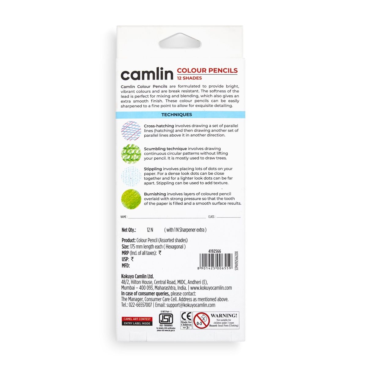 Camlin Colour Pencils Assorted Pack Of 12 Shades With Sharpener, Full Size