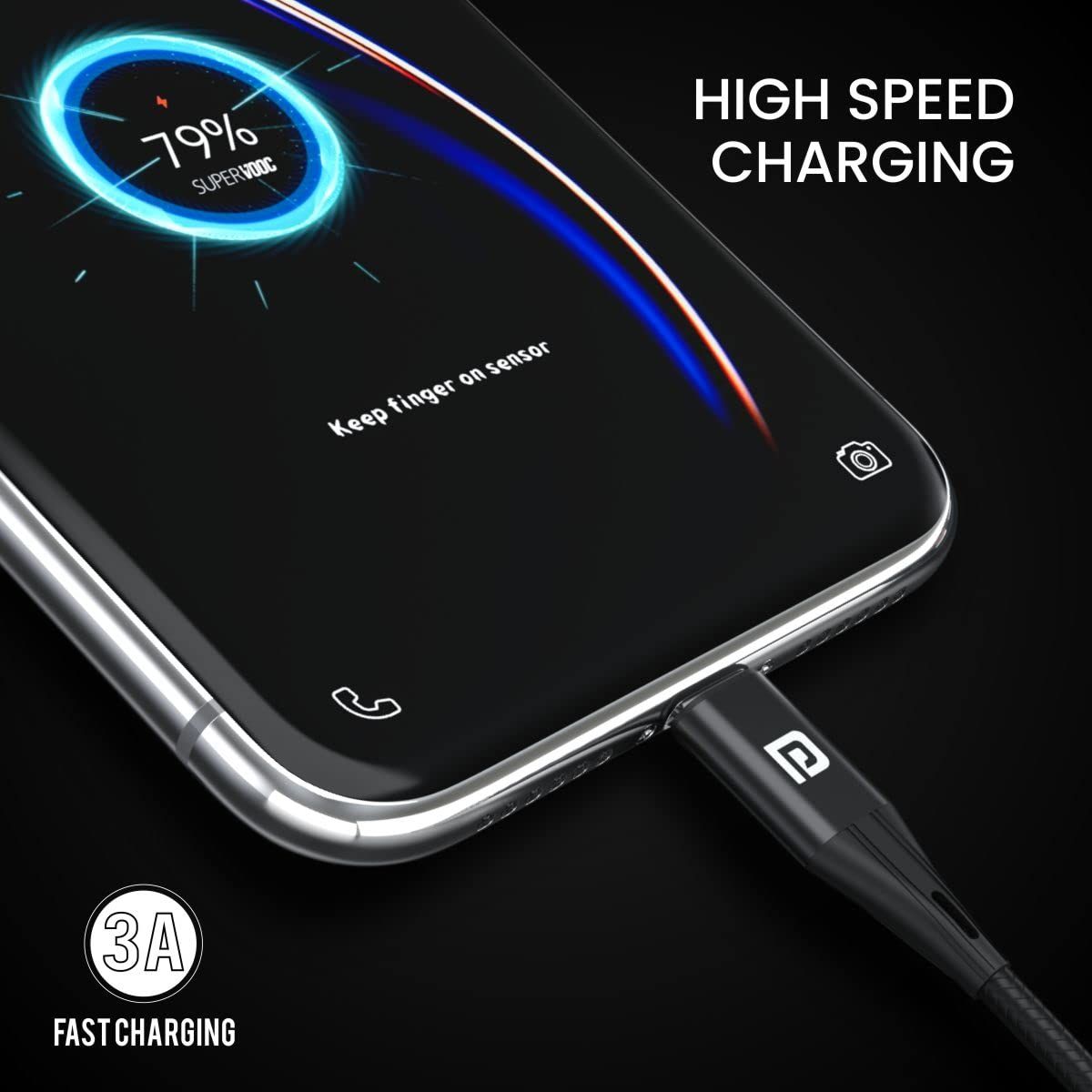 Portronics Konnect X USB to 8 Pin/Lightning Fast Charging Cable with 3A Output,Data Sync,Nylon Braided,Aluminium Alloy Shell,Compatible With iPhone 14,13,12,11,X, 8 Pro/Pro Max Series,iPad(Black)