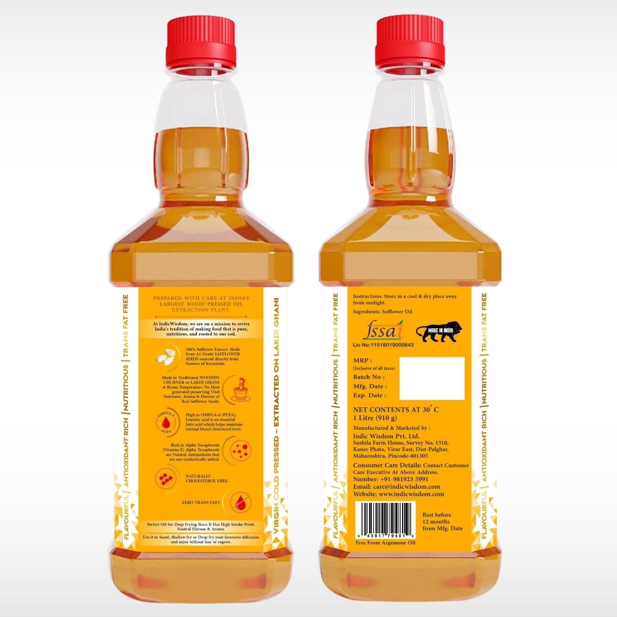 Indic Wisdom Wood Pressed Safflower Oil | Cold Pressed - Extracted on Wooden Churner